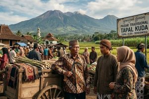 Peta kawasan Tapal Kuda yang meliputi Jember, Banyuwangi, Situbondo, dan Bondowoso dengan ilustrasi budaya Madura dan Osing.