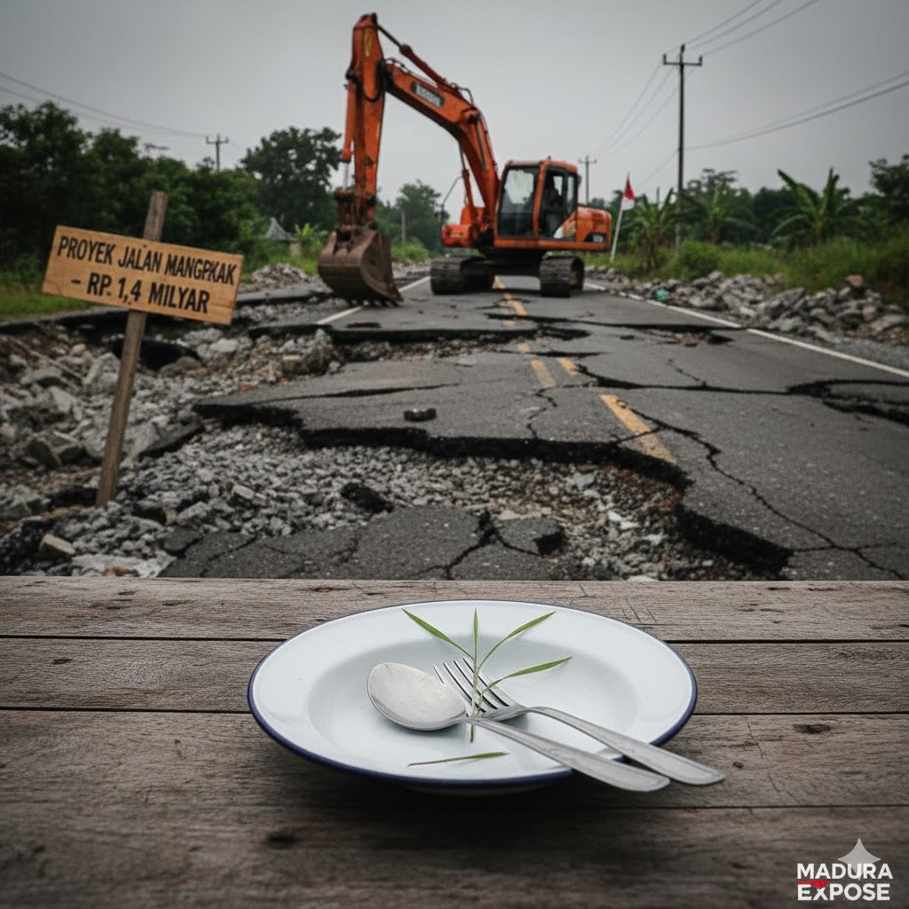 Ilustrasi kontras program Makan Bergizi Gratis dengan proyek jalan mangkrak di Madura 2026