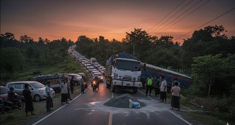 Evakuasi truk tronton melintang di tanjakan Bluto Sumenep muatan semen 40 ton