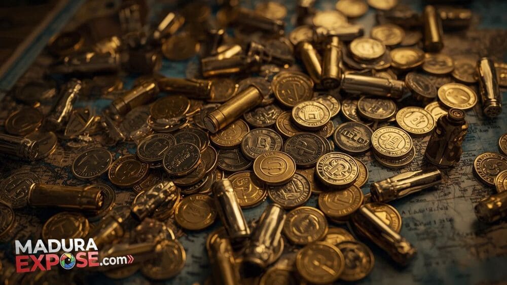 Ilustrasi tumpukan koin emas, peluru, dan grafik kenaikan harga komoditas akibat perang global 2026.