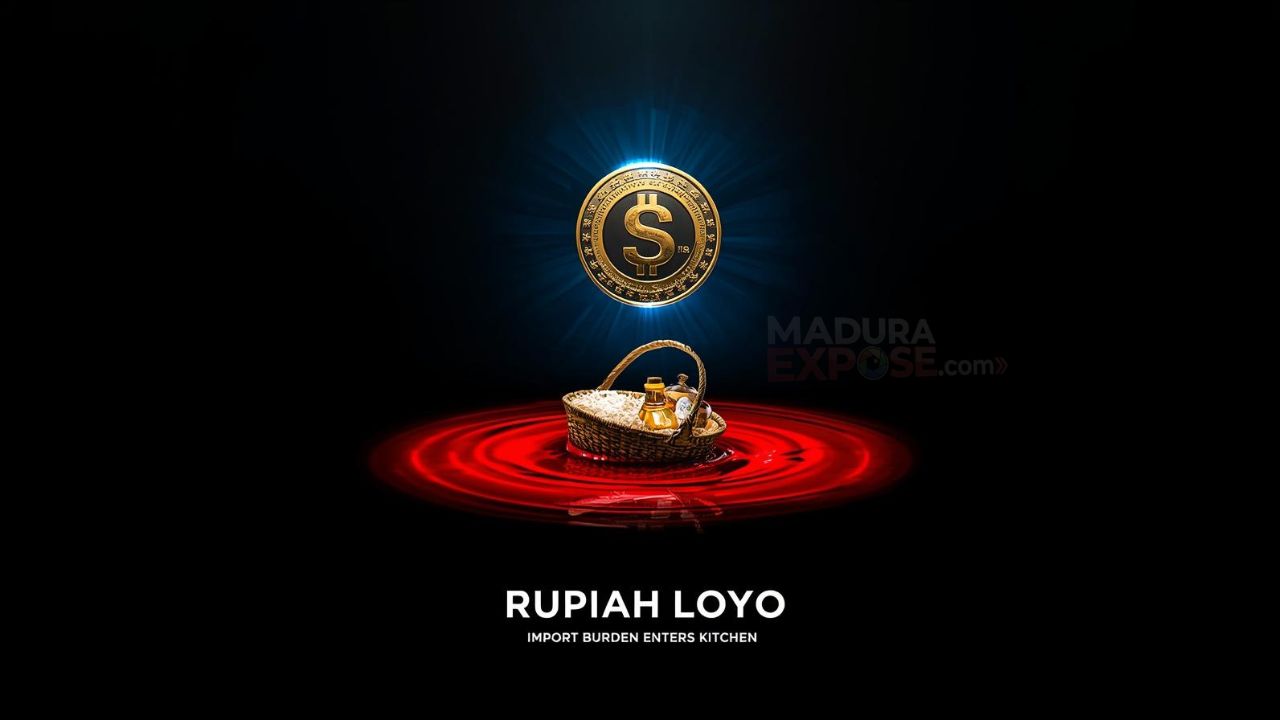 Rupiah Loyo Dolar Perkasa - Geopolitik Perut Madura Expose Ilustrasi krisis ekonomi global yang menggambarkan Rupiah loyo tenggelam dalam pusaran inflasi di bawah tekanan koin Dolar AS yang perkasa.