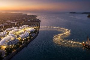 Visualisasi surealis harmoni antara perahu kayu tradisional Madura dan kantor pusat Googleplex Silicon Valley.