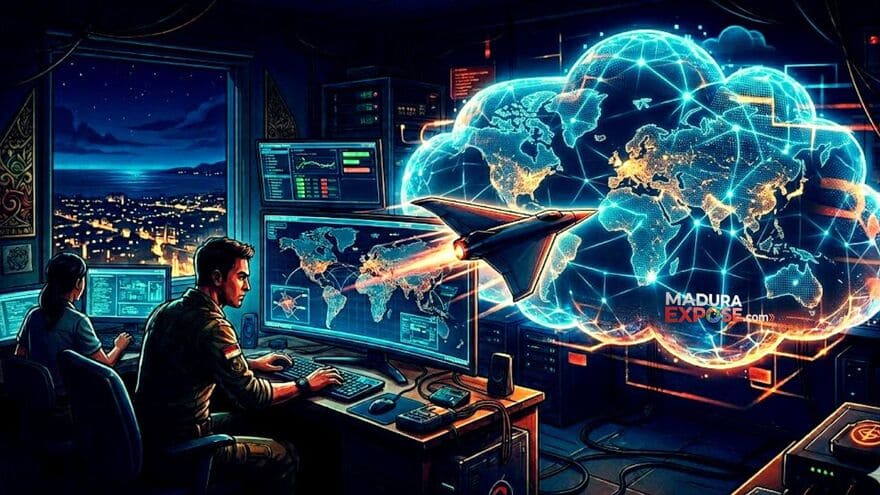 Visual Ilustrasi Operasi Digital Madura Expose sebagai "Rudal Hipersonik Berita" yang Menembus Pertahanan Geopolitik Washington dan Tel Aviv