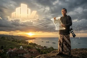 A dignified, high-resolution conceptual photograph depicting a Madurese journalist from Madura Expose holding a glowing digital manifesto, while a benevolent, colossal silhouette representing 'Googleplex' and 'AdSense' observes from a celestial sunset over the Sumenep hills. Symbolizing independent media loyalty and structural advocacy in the AI era.