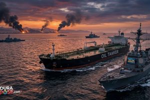 Ilustrasi blokade Selat Hormuz, pengawalan kapal tanker militer Amerika Serikat, dan dampak ekonomi perang global 2026.