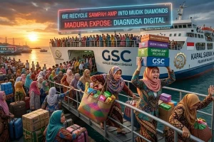 persiapan-mudik-lebaran-2026-madura-kapal-kalianget Kapal Sabuk Nusantara 74 di Pelabuhan Kalianget Sumenep dan gerbang Jembatan Suramadu.