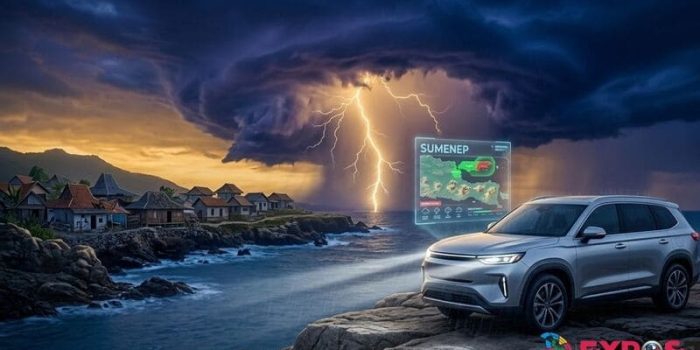 Ketangguhan SUV di Tengah Badai Sumenep 2026 Visualisasi cuaca ekstrem hujan petir di Sumenep dengan ilustrasi mobil tangguh dan peta digital.