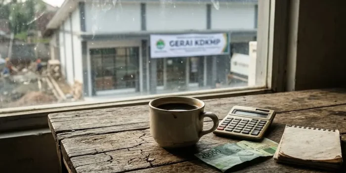 Potret cangkir kopi kusam dan uang kecil di atas meja kayu sebagai ilustrasi rendahnya gaji guru PPPK paruh waktu Sumenep dibandingkan ambisi KDKMP.