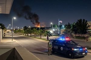 Gedung Kedutaan Besar Amerika Serikat di Riyadh Arab Saudi pasca ledakan drone.